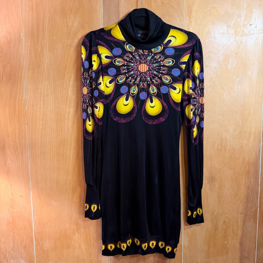 Custo Barcelona Euro Psychedelic Mandala Peacock Turtleneck Mini Dress